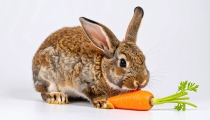 Fototapeta premium Adorable brown rabbit enjoying a crunchy orange carrot snack