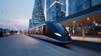 Modern tram on a station platform with city skyscrapers at dusk. Public transport technology, urban commuting.