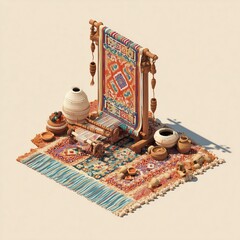 An intricately detailed isometric illustration of a traditional carpet weaving setup with various decorative elements.