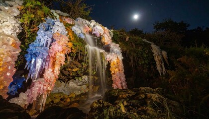 A Colorful Cascade Illuminated by Moonlight Displaying Nature's Ethereal Beauty