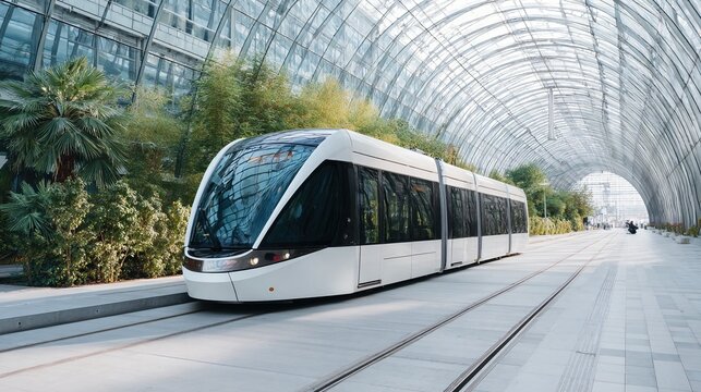 Modern tram on a sunny day passing by a contemporary urban building with a glass arch roof. Public transport future cityscape, travel.