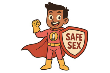 Naklejka premium Superhero promoting safe sex with condom and shield on transparent background