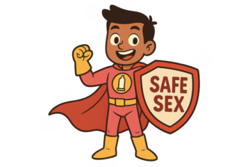Superhero promoting safe sex with condom and shield on transparent background