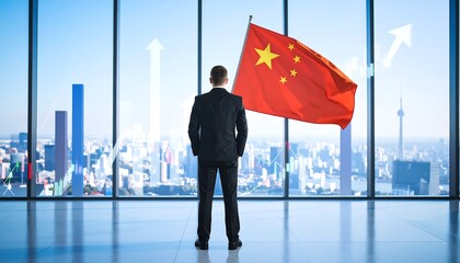 Chinese Economic Growth: Businessman Overlooking Cityscape with Flag and Graph