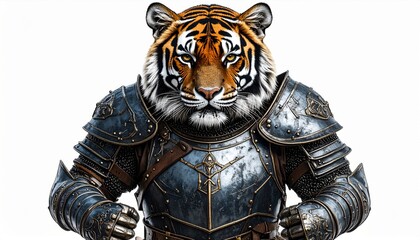 Fototapeta premium Anthropomorphic Tiger Warrior in Metal Armor Isolated on White Background Fierce Wildlife Fighter