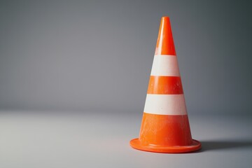 To increase visibility in construction areas, a traffic cone with reflective white stripes is positioned, and it is bright orange in color