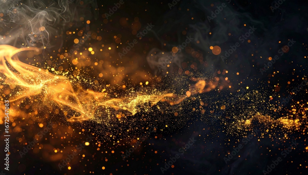 Poster abstract golden smoke and sparks in dynamic motion on a dark backdrop for modern design