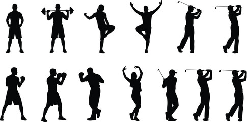 Twelve sports and fitness silhouettes including weightlifting, yoga, dancing, boxing, and golf, showcasing diverse athletic activities on white background for design