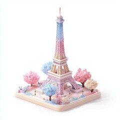 Pastel-colored miniature Eiffel Tower model surrounded by fluffy pink and blue trees on a light base, a charming decorative piece.