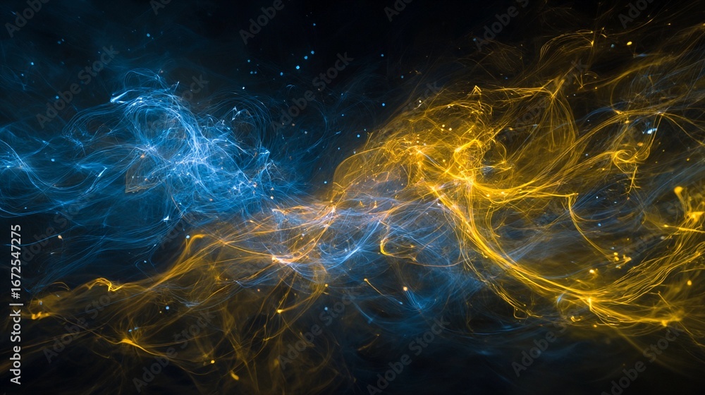 Poster colorful swirls of blue and yellow create a dynamic abstract composition with sparks and glowing ele
