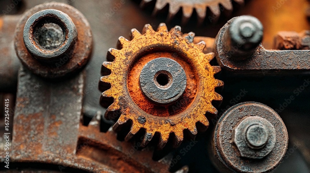 Poster rusty gears and cogs highlighting the intricate mechanics of an old machine in close up capture show