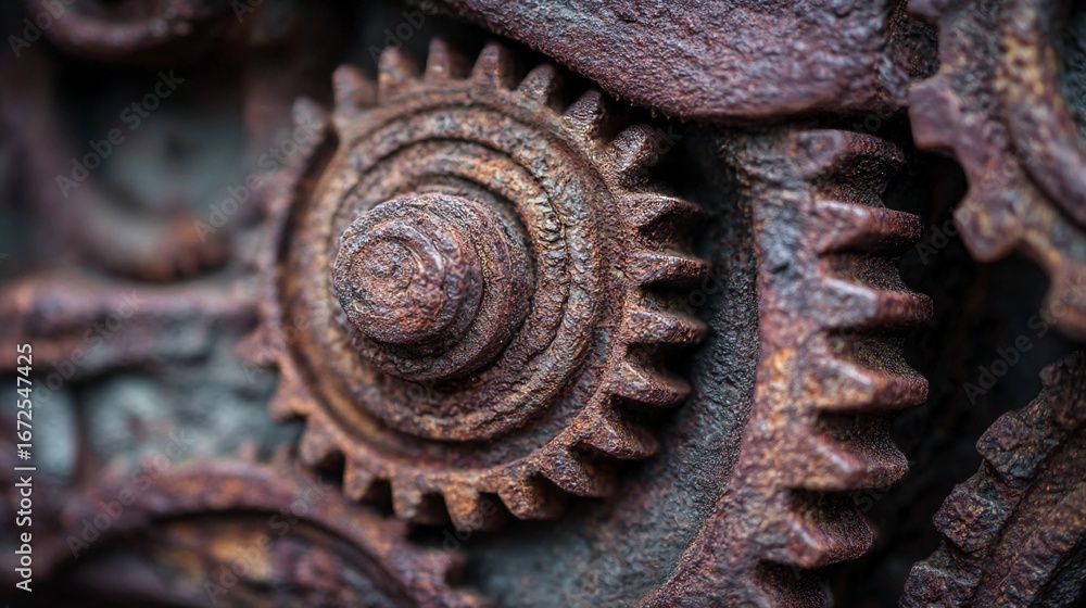 Aufkleber close-up view of rusted gears showcasing intricate designs and textures in an industrial setting at 