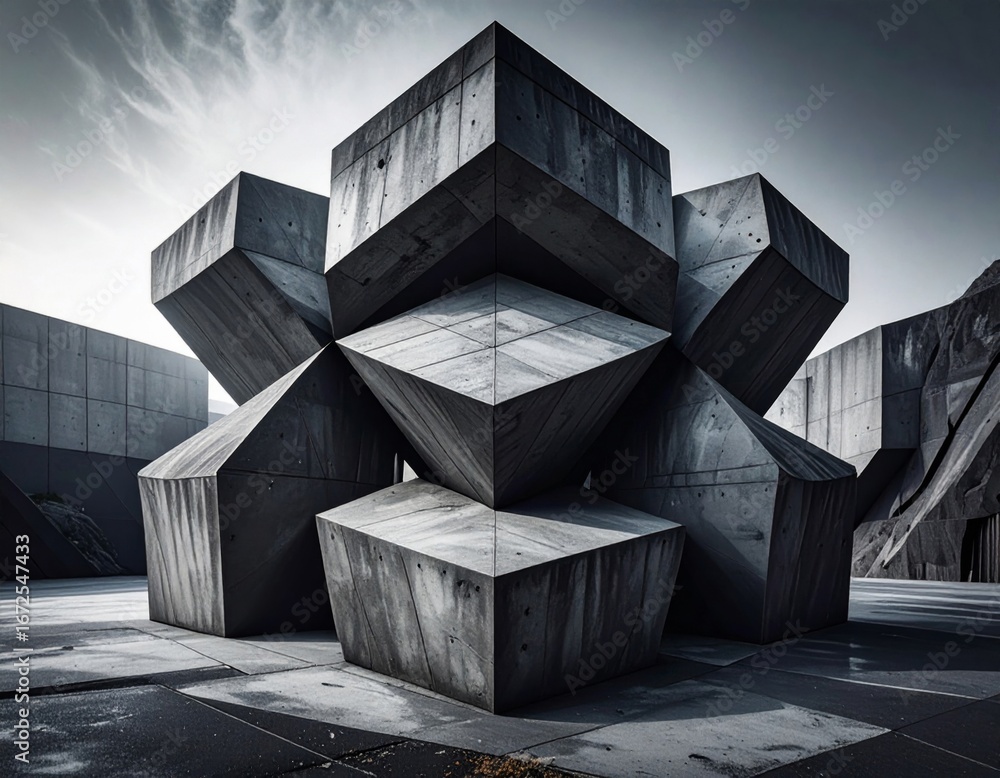Aufkleber abstract architecture with stacked concrete cubes in an urban setting with geometric symmetry