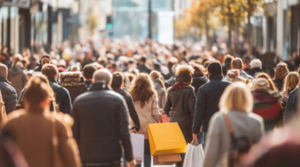 Blurred crowd of diverse people carrying shopping bags and packages, concept of holiday shopping, sales, gift buying, and festive consumer activity.
