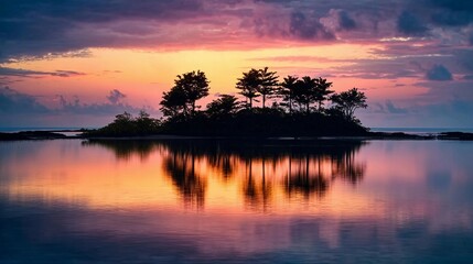Obraz premium Vibrant sunset over tranquil island landscape reflecting on calm water in coastal region