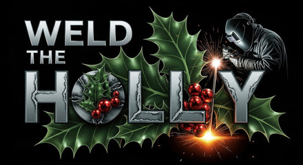 Welder working on metal design featuring holly and berries  