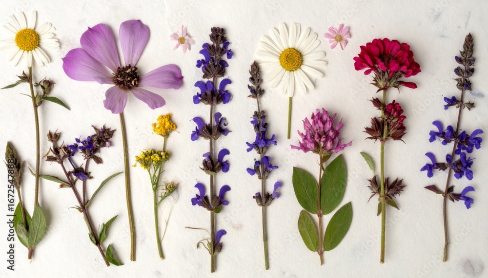 Poster assorted pressed flowers on white background featuring various colors and shapes in a flat lay arran