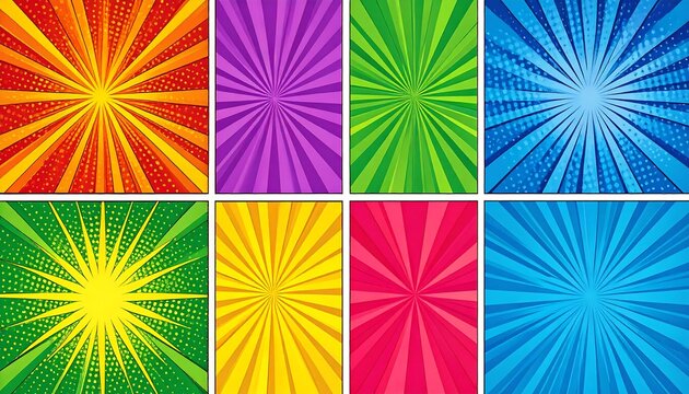 Collection of eight vibrant retro comic style backgrounds with radial patterns