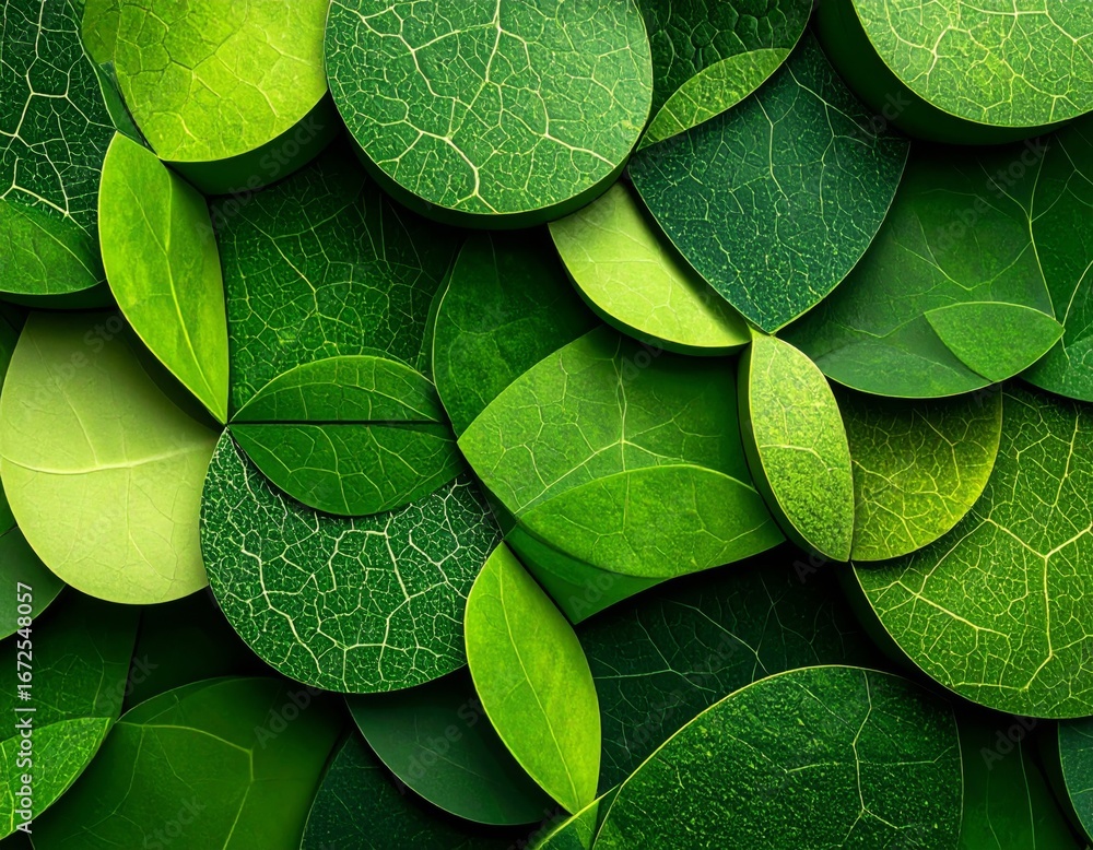 Poster abstract green leaves pattern background in circular arrangement and textured surface