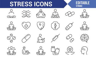 Editable stress relief vector icons for wellness and healthcare designs