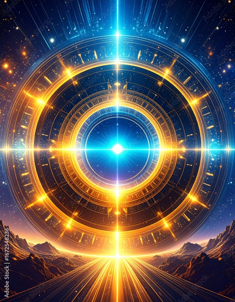 Poster abstract cosmic portal of light and energy in deep space background featuring glowing circles and ge
