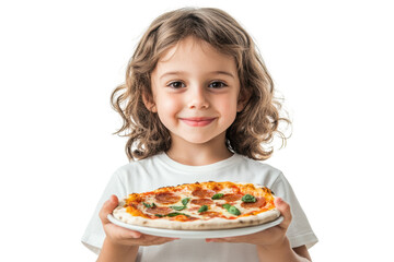 Little girl smiling holding round pizza ready to eat on white background