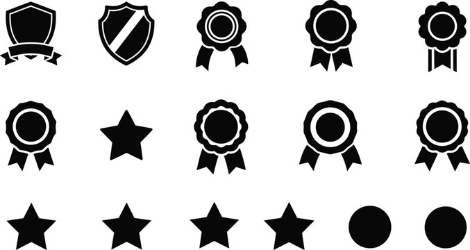 Collection of shield, ribbon, star, and circle award icons in black and white, isolated design for achievement, rating, and recognition themes