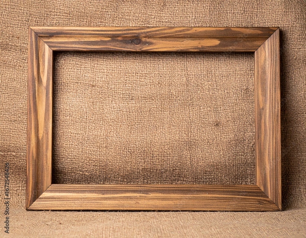 Poster empty wooden frame with dark brown stain on neutral burlap canvas background with soft lighting