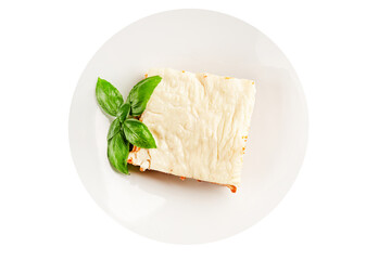 Lasagna bolognese béchamel sauce, meat, cheese second course tasty snack fresh delicious gourmet food background on the table rustic food top view copy space