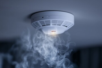 Smoke detector mounted on a ceiling with visible smoke nearby, concept of fire safety, early warning, and home or office protection.