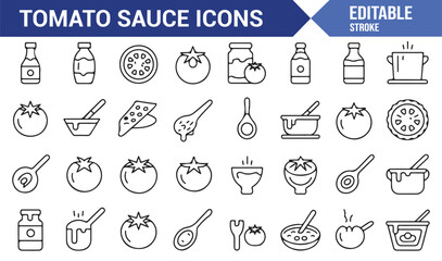 Collection of editable tomato sauce icons for food packaging and branding