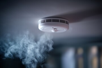 Smoke detector mounted on a ceiling with visible smoke nearby, concept of fire safety, early warning, and home or office protection.