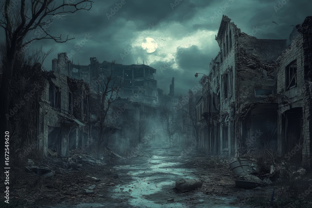Poster a dystopian cityscape aftermath is marked by abandoned structures and a desolate urban environment