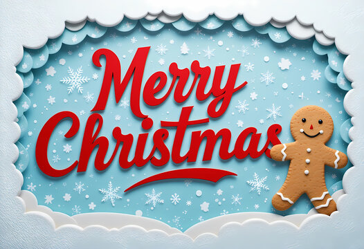 Gingerbread Man Christmas Banner with Red Text on Blue Snowflake Background Festive Holiday Greeting Featuring Cookie Character and Scalloped White Frame
