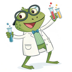 Cartoon frog wearing a lab coat and glasses, holding colorful test tubes. Isolated on white, perfect for education, science, and children’s illustrations.