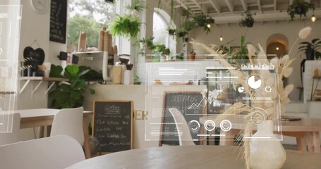 Animation of financial data processing over restaurant interiors - Powered by Adobe