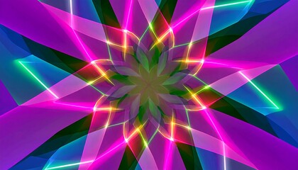 A vibrant, kaleidoscopic design featuring a radial flower-like pattern, outlined in glowing neon colors.