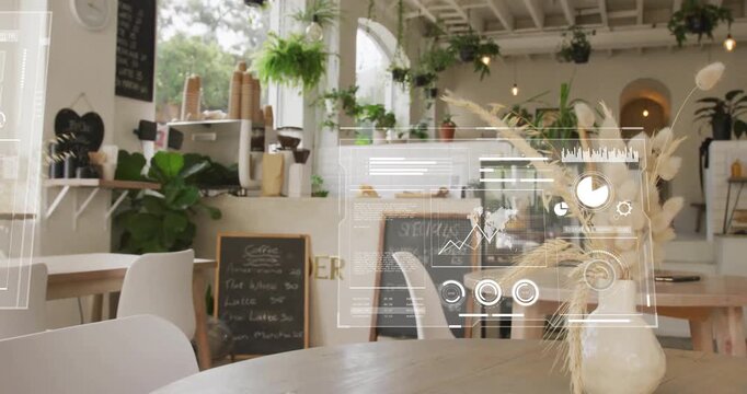 Animation of financial data processing over restaurant interiors