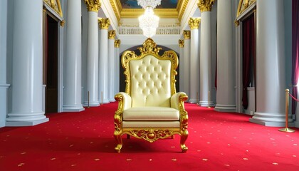 Ornate gold throne sits in a grand hall with red carpet and white columns.