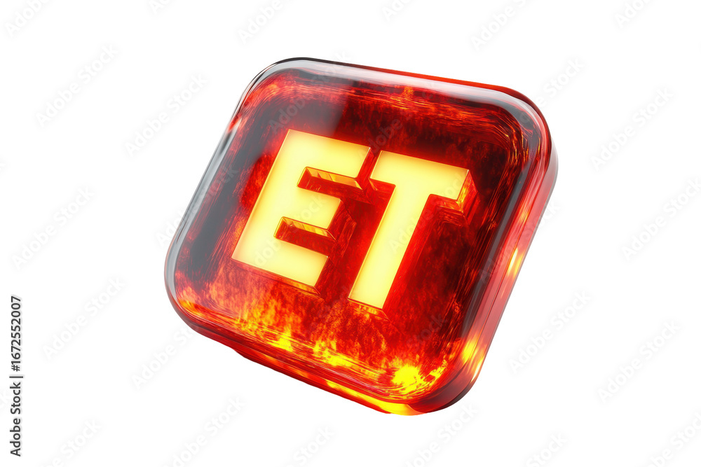 Poster et initials glowing warmly inside a glossy, red, translucent button on a transparent backdrop