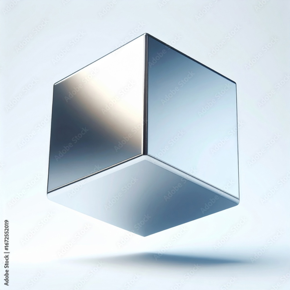 Poster reflective silver cube floating against a soft white gradient background