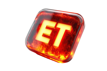 Et initials glowing warmly inside a glossy, red, translucent button on a transparent backdrop