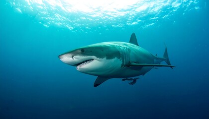 Fototapeta premium A magnificent great white shark glides gracefully through the deep blue ocean, showcasing its powerful form and sharp teeth.