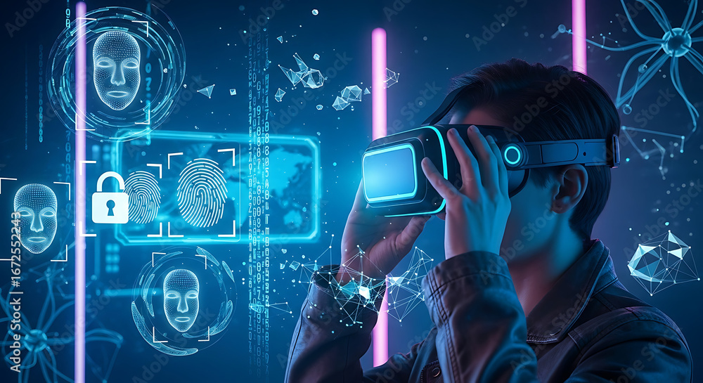 Poster person using vr headset with face scans and fingerprint security in a futuristic digital environment