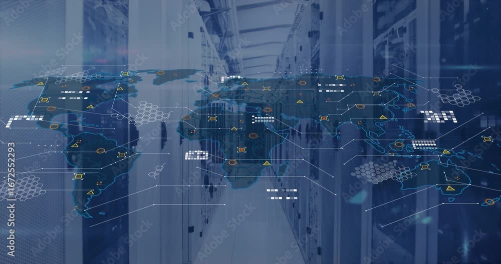 Aufkleber animation of digital data processing over world map and computer servers