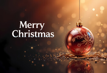 Red Ornament Christmas Banner with Gold Pattern and White Serif Text Festive Holiday Greeting Featuring Glowing Lights and Bokeh Background