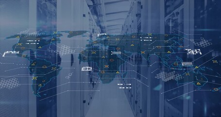 Animation of digital data processing over world map and computer servers - Powered by Adobe