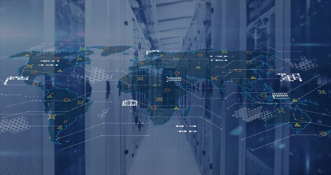Animation of digital data processing over world map and computer servers - Powered by Adobe