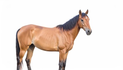 A chestnut horse stands gracefully against a white background.
