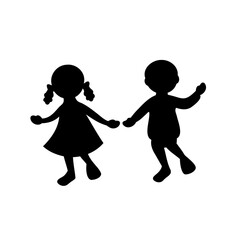 Silhouette of children holding hands, girl with pigtails and boy together